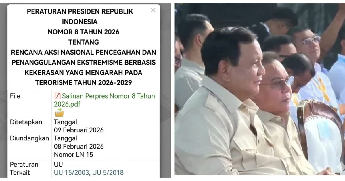 Presiden Prabowo Subianto resmi menerbitkan Peraturan Presiden (Perpres) Nomor 8 Tahun 2026 tentang Rencana Aksi Nasional Pencegahan dan Penanggulangan Ekstremisme Berbasis Kekerasan yang Mengarah pada Terorisme (RAN PE) periode 2026–2029/Dok