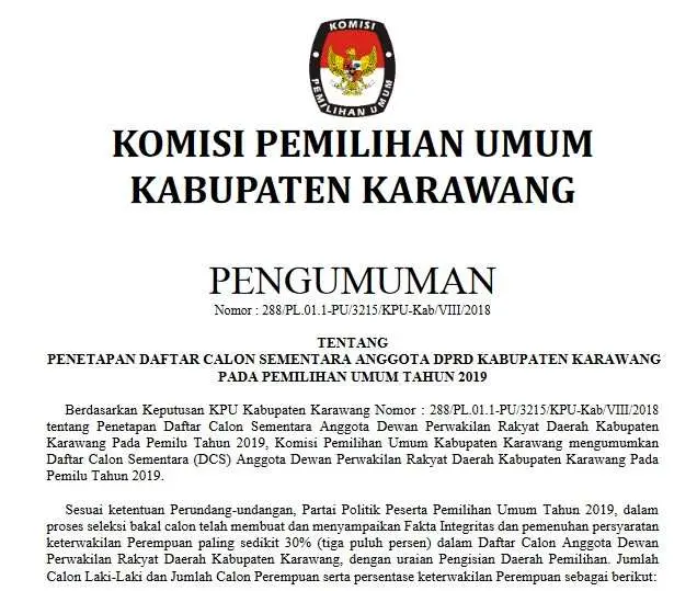 Inilah Penetapan Daftar Calon Sementara Anggota DPRD Kabupaten Karawang Pemilihan Umum Tahun 2019